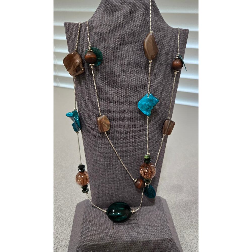 Silver Blue Green Stone Beads Double Strand Necklace Lobster Clasp